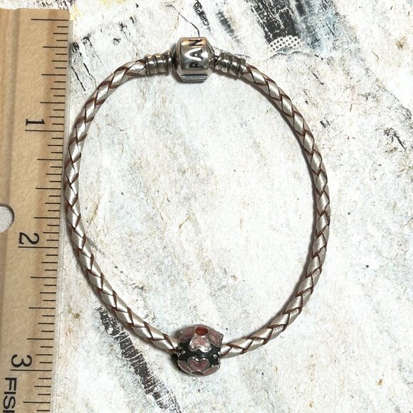 Pandora Sterling Silver Braided Leather Bracelet With Floral Pink Enamel Charm - Picture 16 of 16